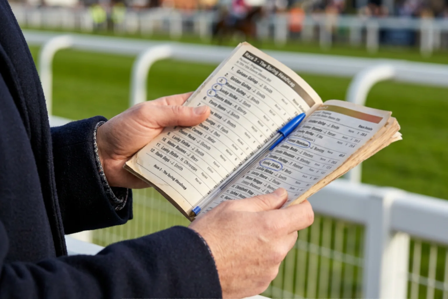Punter comparing exacta and CSF forecast returns on a racecard at a UK race meeting