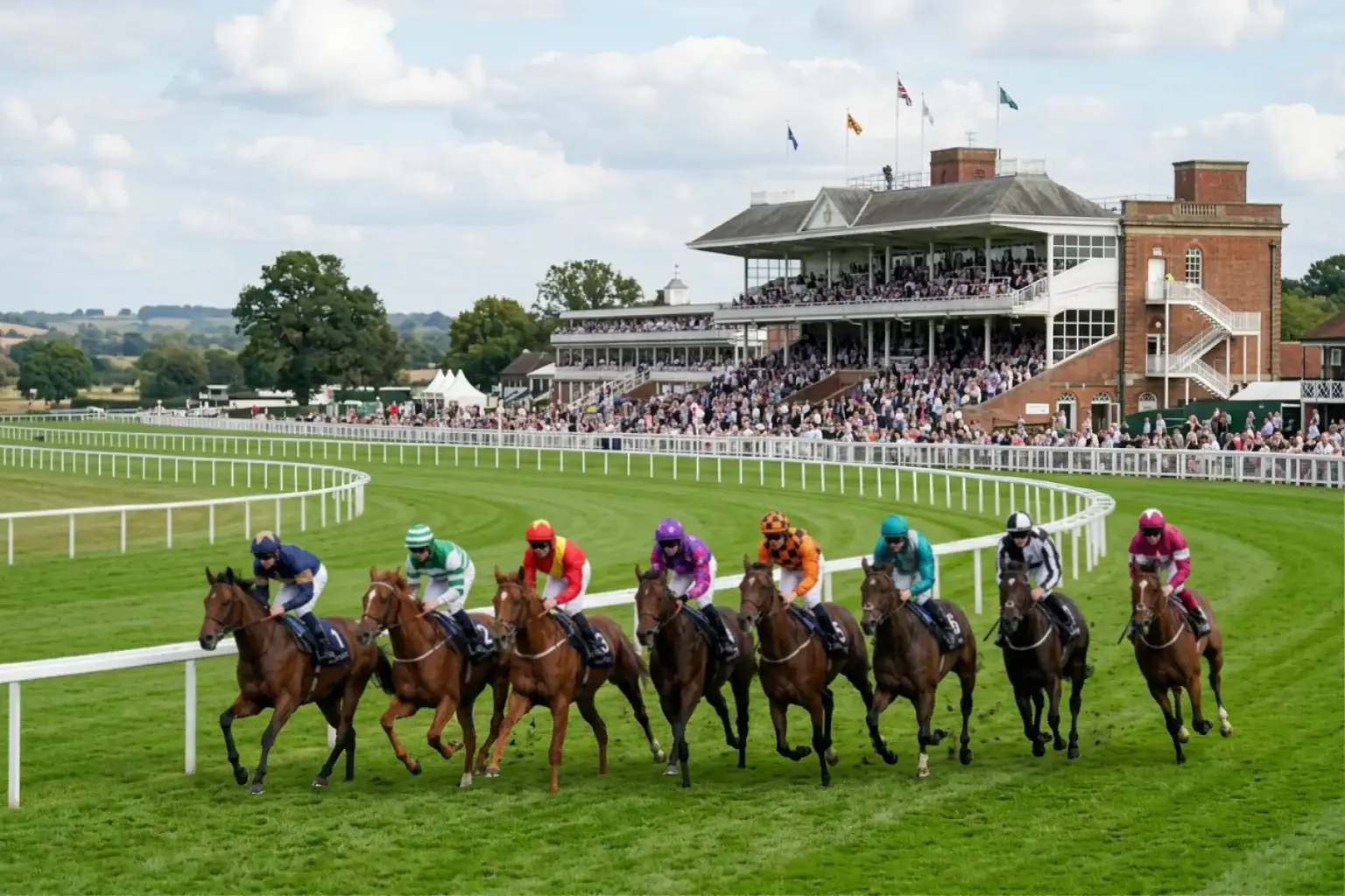 Flat turf horse racing field in the UK with runners approaching the finishing line