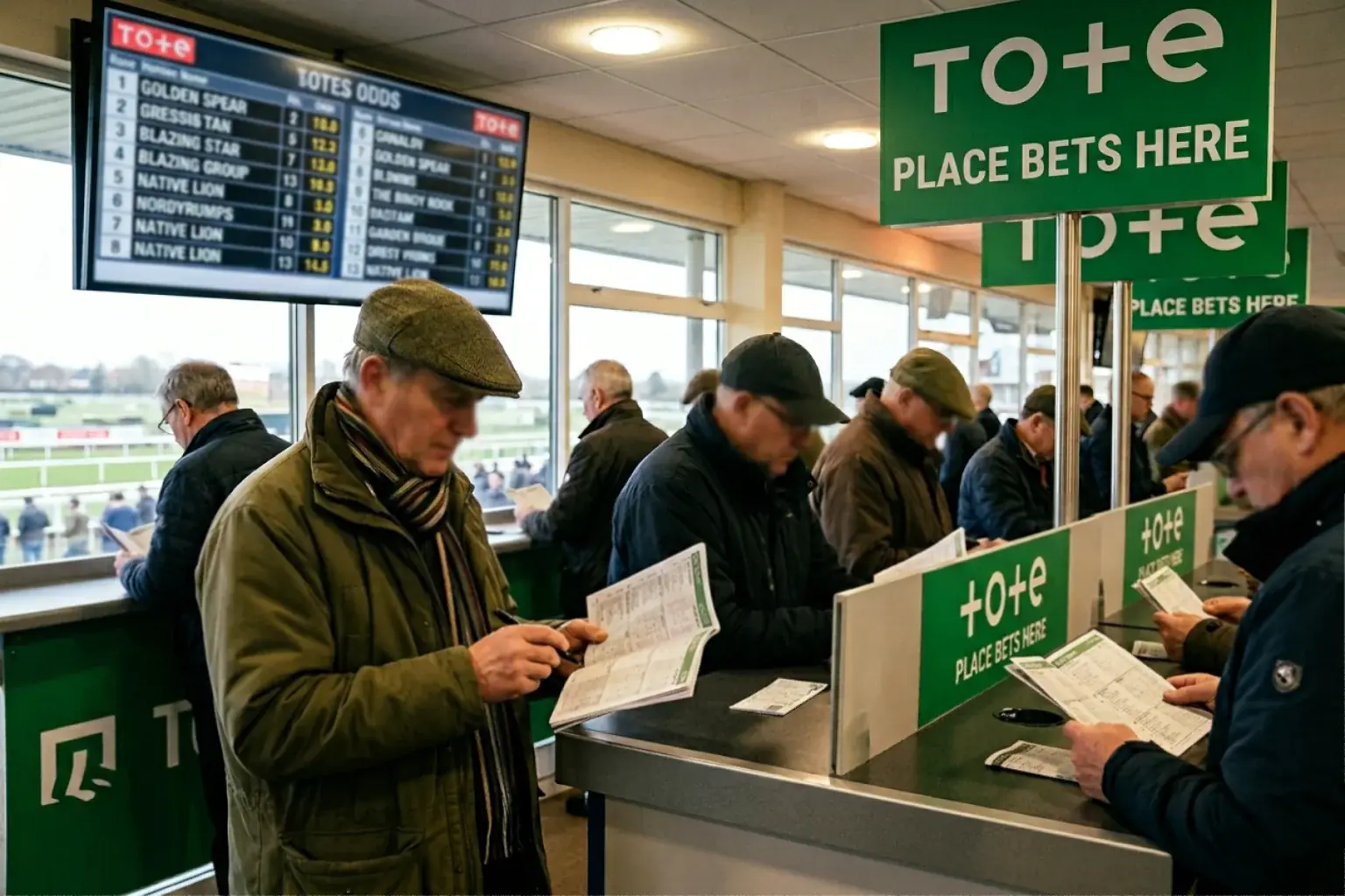 Tote pool betting terminal at a UK racecourse with punters studying the racecard