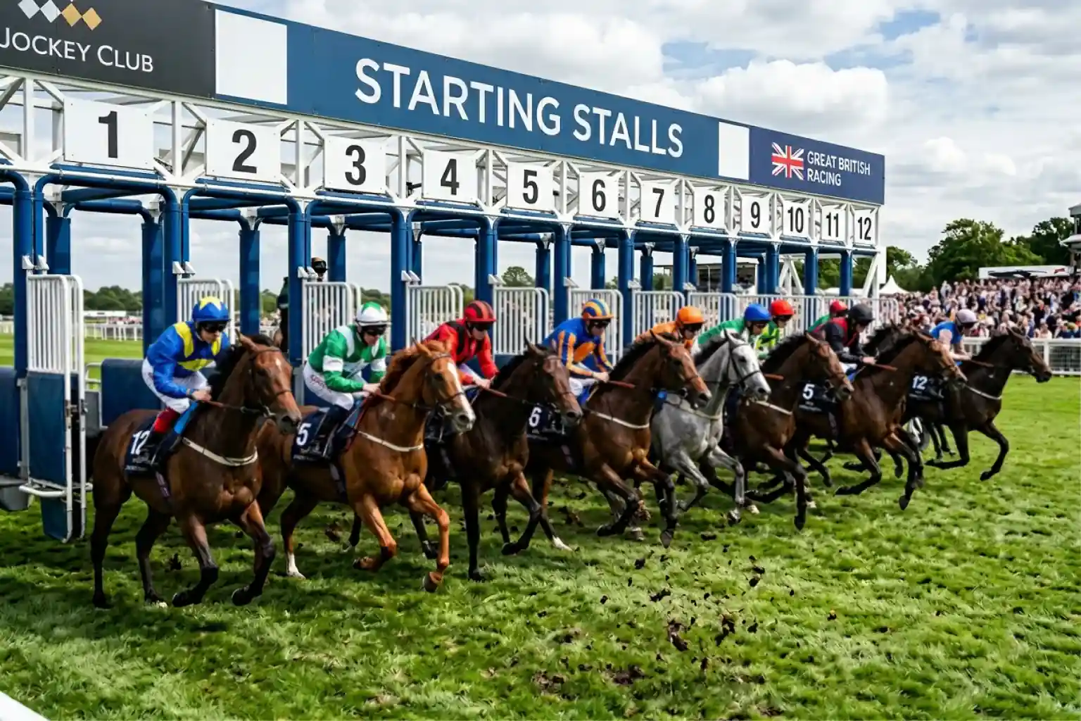 Horses breaking from starting stalls in a large-field UK flat race